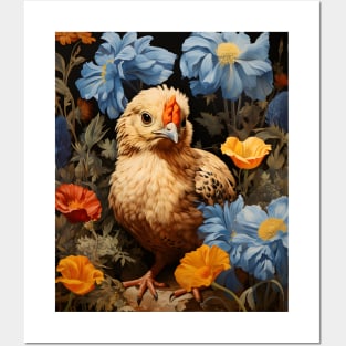 Retro Vintage Art Style Baby Chick in Field of Wild Flowers - Whimsical Farm Posters and Art